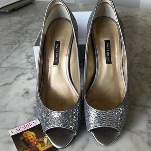 Caparros Silver Peep Toe Heels- sparkly silver wedding shoes- sz 8